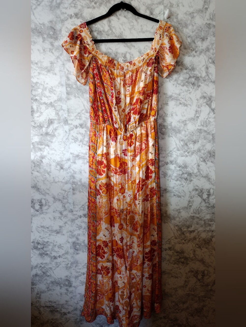 Free People Orange Cream Paisley Off-Shoulder Jumpsuit Size Medium